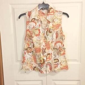 TWEEDS 100% linen sleeveless button down blouse top - M - coral/beige/cream